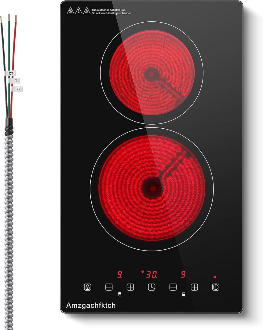 Electric Cooktop 3000W, 2 Burner Electric Cooktop Built-in, 220V Hard Wire Cook Top Stove Burners for Cooking, 12 Inch Stove Top with Touch Control, Timer, Child Lock, Over Heat Protection (No Plug)