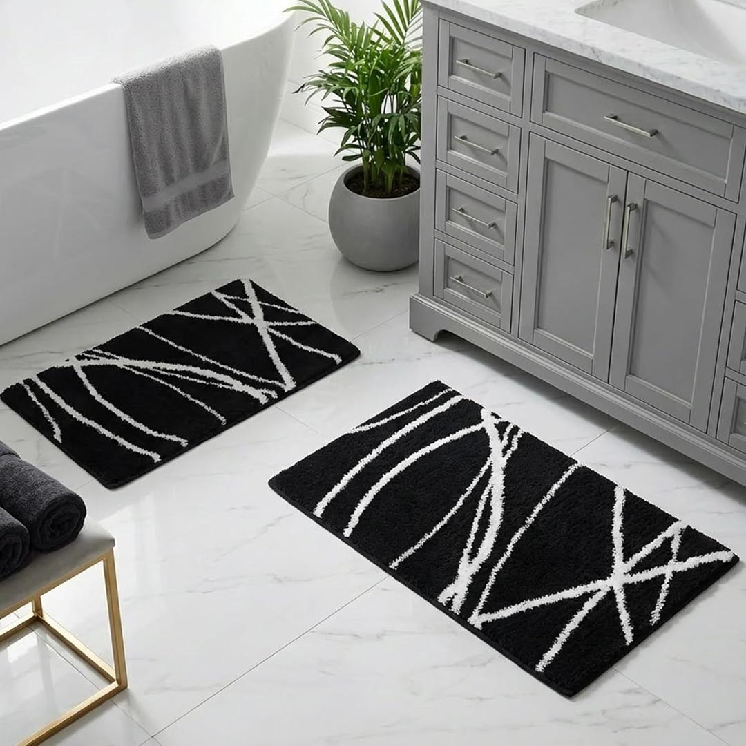 Tititex Luxury Black White Curve Line Bathroom Rug Set, 20x32 inch + 16x24 inch 2 pcs Extra Soft and Absorbent Microfiber Bath Rugs, Non-Slip Plush Shaggy Carpet, Mats for Floor, Tub and Shower