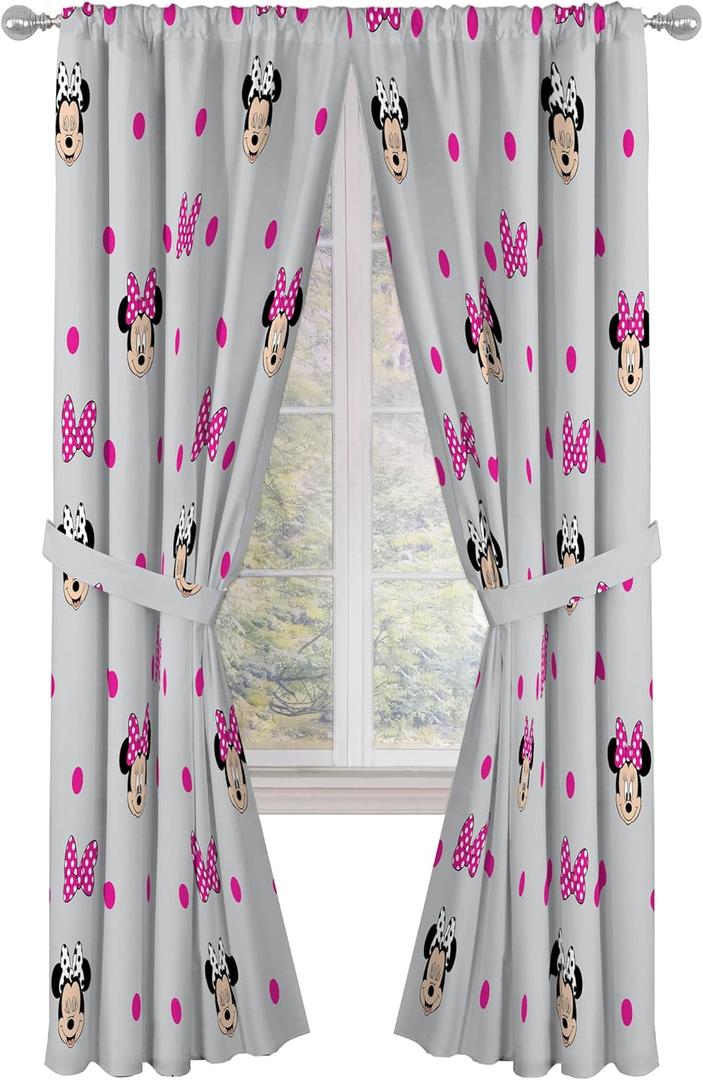 Jay Franco Black Out Window Curtains for Kids Bedroom 4-Piece Drape Set with 2 Tiebacks, Grey - Minnie Mouse, 42" W x 84" L (Pack of 2)