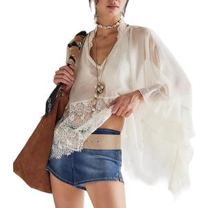 Lordree Women Ruffle Flowy Blouse Flare Sleeve Sheer Mesh Shirt Chiffon Frill Trim Layered Long Sleeve Tops Streetwear (Large)