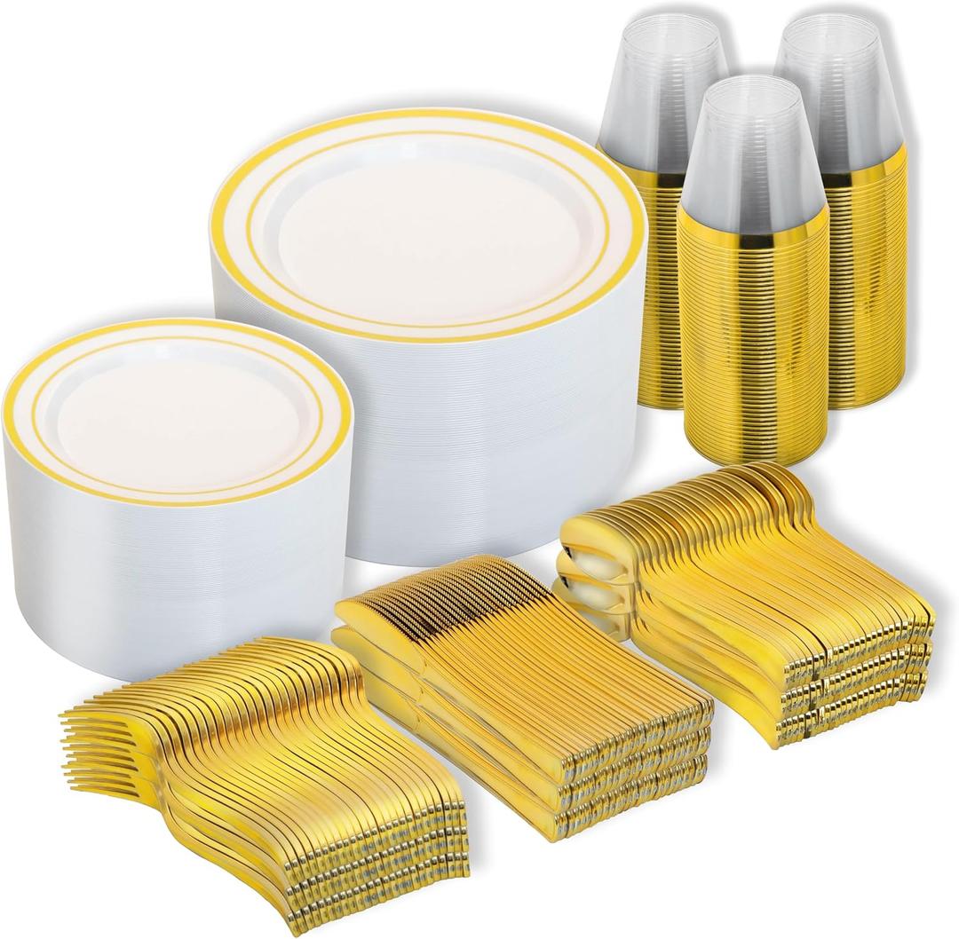 N9R 600PCS Disposable Plastic Plates, Gold Plastic Dinnerware Set Includes 100 Dinner Plates, Dessert Plate, Cups, Spoons, Forks, Knives for 100 Guests, Perfect for Party, Wedding, Birthday