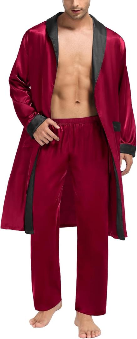 SWOMOG Men's Satin Robe with Pants Set Silky Kimono Bathrobe Lightweight Soft Sleepwear Loungewear (X-Large, Dark Red)
