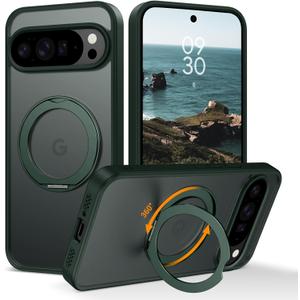 DOMAVER for Google Pixel 10 Pro XL Magnetic Case with 360 Rotatable Stand [Compatible with Mag Safe], Translucent Matte Military Shockproof Protective Cover for Google Pixel 10 Pro XL, Deep Green