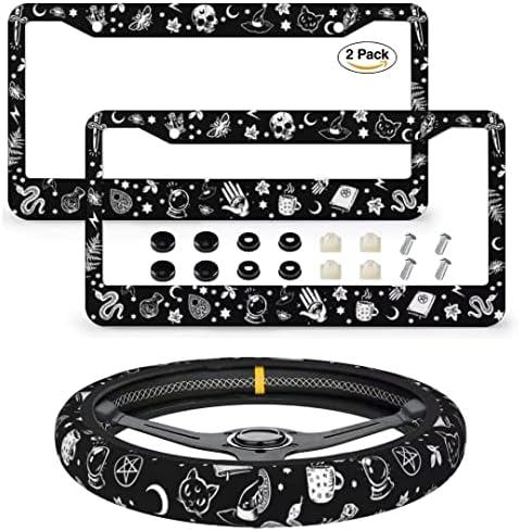 Goth License Plate Frame Novelty Personalized Car Tag Halloween Steering Wheel Covers Witchy License Plate Cover 2 Holes for US Standard Vehicles with Screw Caps Gothic Skull Car Accessories