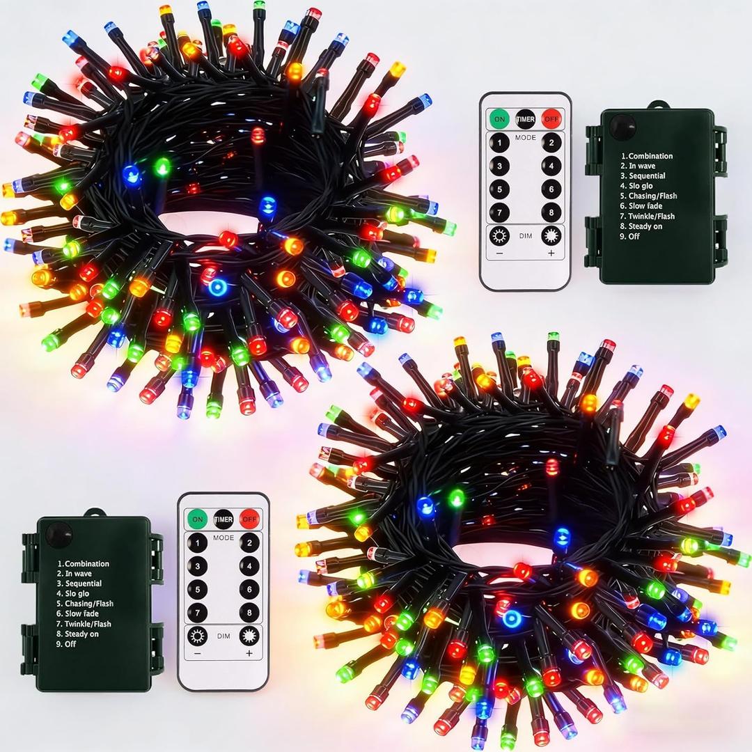 echosari 2 Pack Christmas String Lights Battery Operated, 32ft Green Wire 100 LED Fairy String Light with Remote Timer 8 Modes Dimmable for Indoor Outdoor Xmas Tree Party Decor (Multicolor) (2 Sets of 50 LEDs)