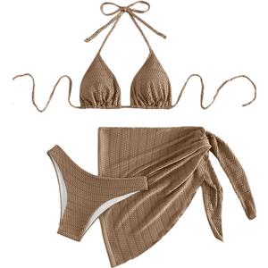 SHENHE Women's 3 Piece Textured High Cut Halter Triangle Bikini Swimsuit with Cover Up (Large, Khaki)