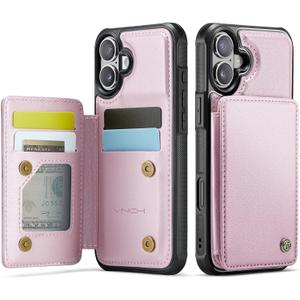 Vinich for iPhone 16 Plus 6.7" Wallet Case with Card Holder, RFID Blocking Credit Slots Kickstand Shockproof Phone Cover for Women Men, Rose Gold