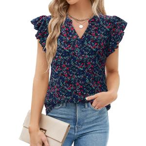 siliteelon Button Up Shirt Women Dressy Casual Womens Blouses V Neck Ruffle Short Sleeve Work 2026 Trendy Spring Summer Tops (L, Navy Floral)