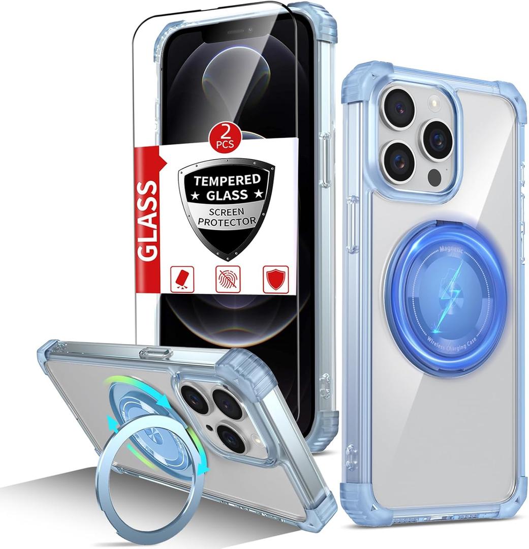 for iPhone 12 Pro Max Case Magnetic Compatible with MagSafe Wireless Charging,with 2 Screen Protectors,Built-in Kickstand Ring,Military Grade Drop Heavy Duty Protection Shockproof Phone Blue