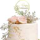 Happy Anniversary Cake Topper with Golden Ring & Green Plant Design， Elegant Acrylic Cake Decoration for Special Occasions，Acrylic Cake Topper for Anniversaries