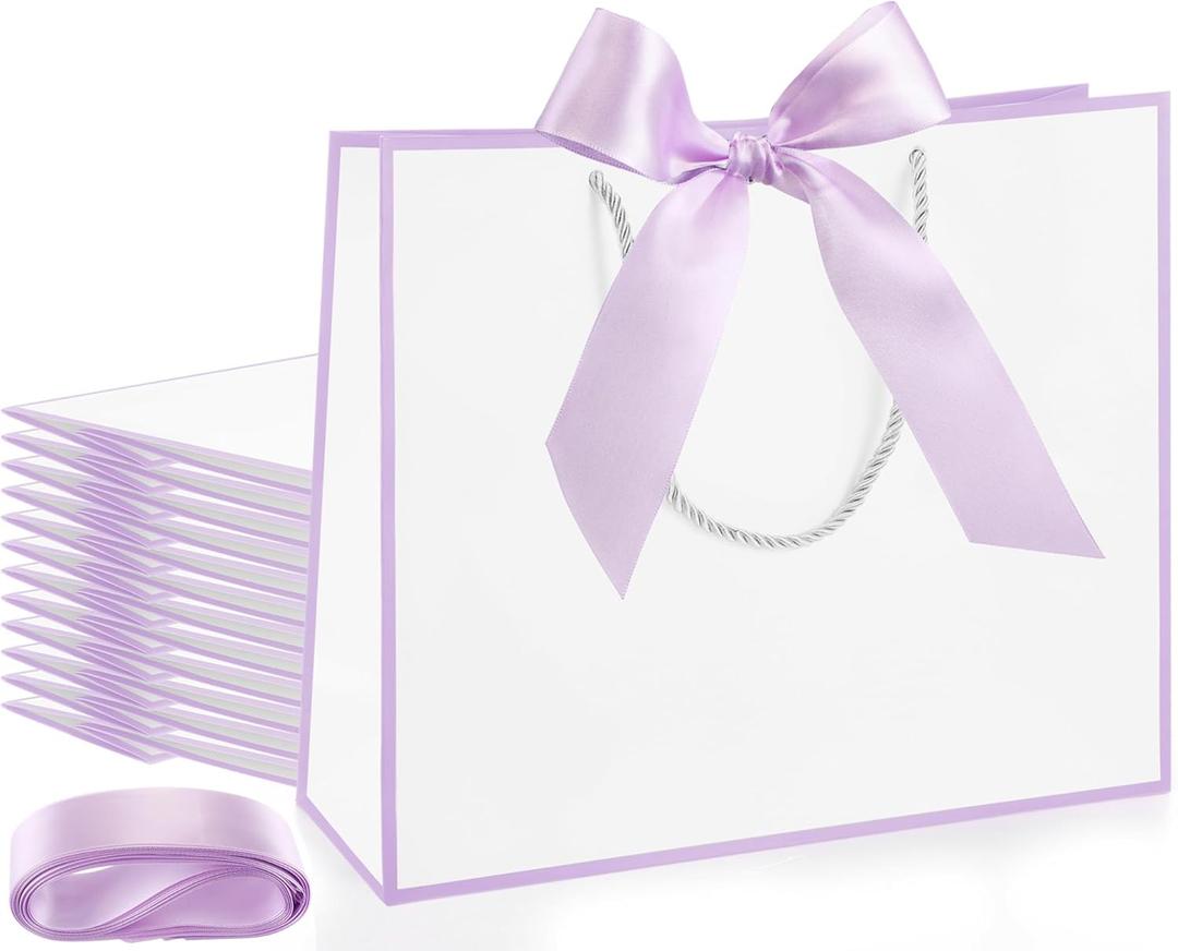 Silkfly 12 Pcs Thank You Gift Bags with Handle 12x10x4'' Welcome Elegant Gifts Bag with Bow Ribbon for Mother's Day Wedding Graduation Bridesmaid Baby Shower Birthday Housewarming (White,Lavender)