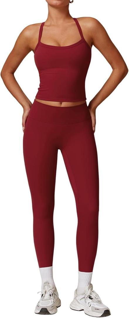 Womens Workout Sets Two Piece Cross Back Tank Top Matching High Waist Leggings Sets Gym Outfits Work Out Clothes (Large, Burgundy)