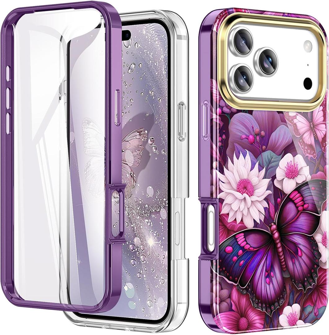 Turquiase Cute Flower Case for iPhone 17 Pro Max 6.9 inch Built with Screen Protector, Lightweight and Stylish Full Body Shockproof Protective Rugged TPU Case for Women/Girls-Butterfly