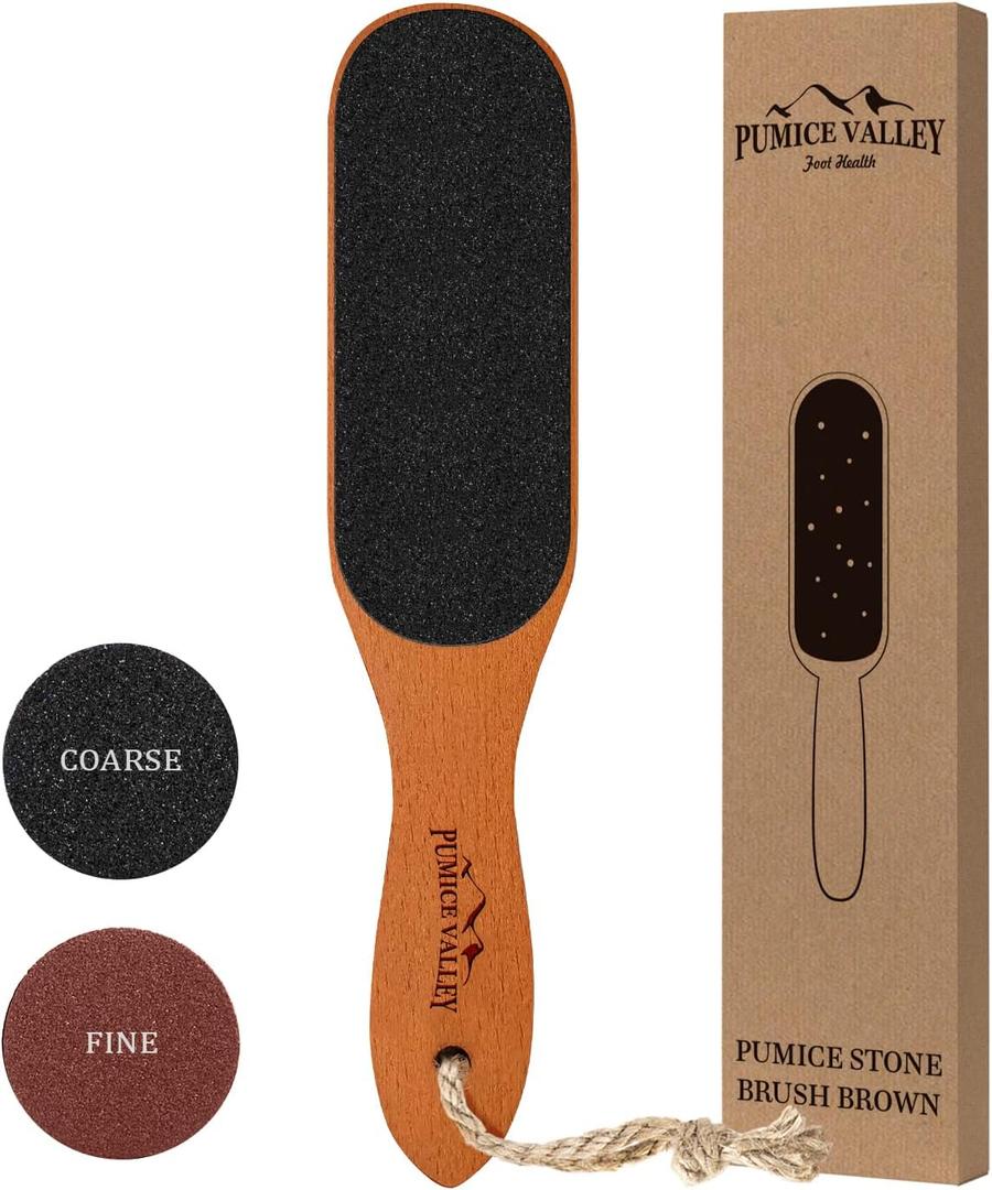 Pumice Stone Foot File - Wooden Pedicure Feet Scrubber with Handle for Callus, Dry, and Dead Skin Removal - Heel Scraper for Feet, Hands, and Body - Foot Filer for Use in Shower (1 Count (Pack of 1), Brown)