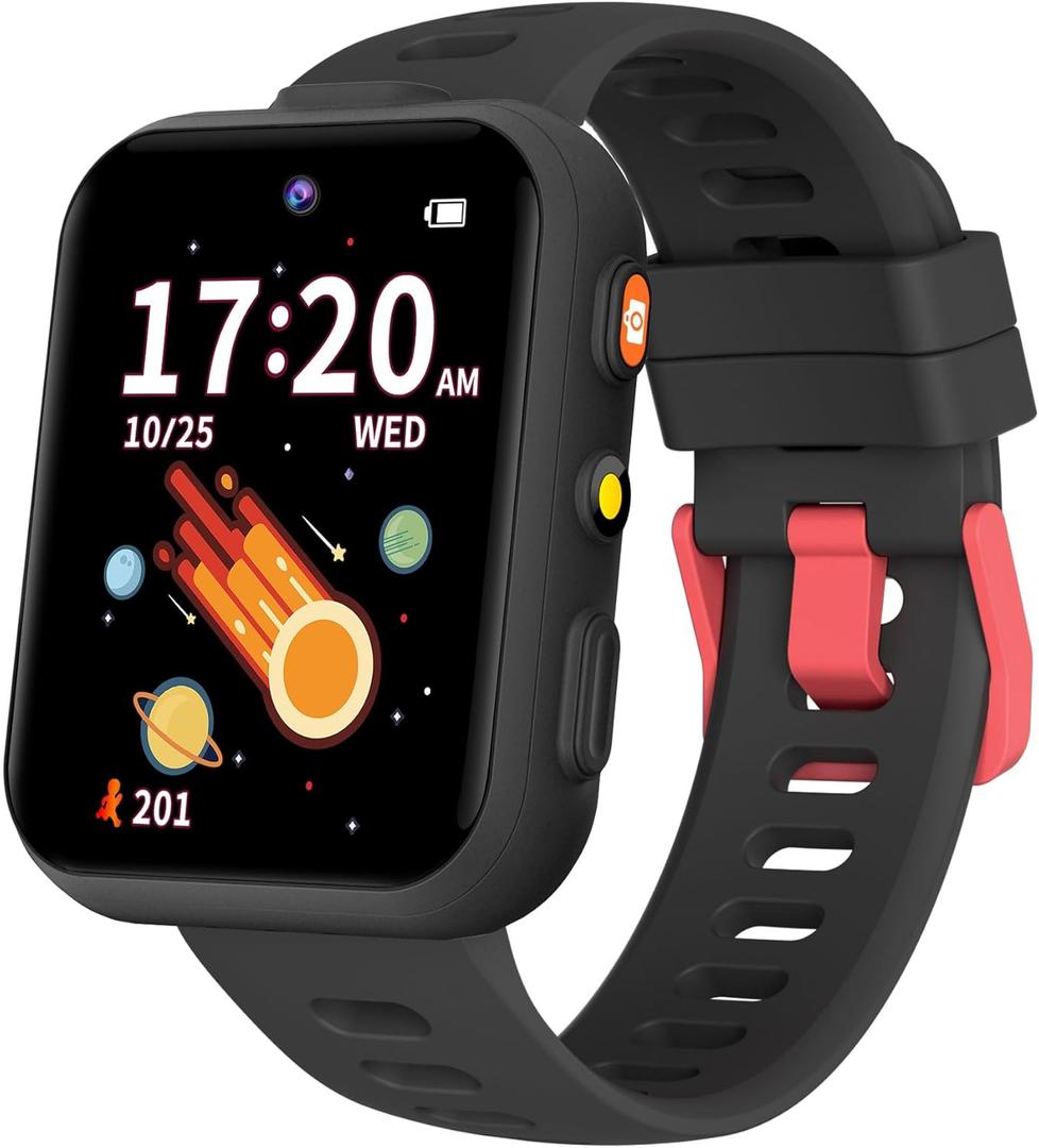 Smart Watch for Kids, Kids Watch with 2 Cameras, 30 Puzzle Games, Learning Cards, Video Music Player, Audiobooks, Pedometer, Alarm Clock, Torch, Birthday Gifts Toys for Boys 4-10 (Black)