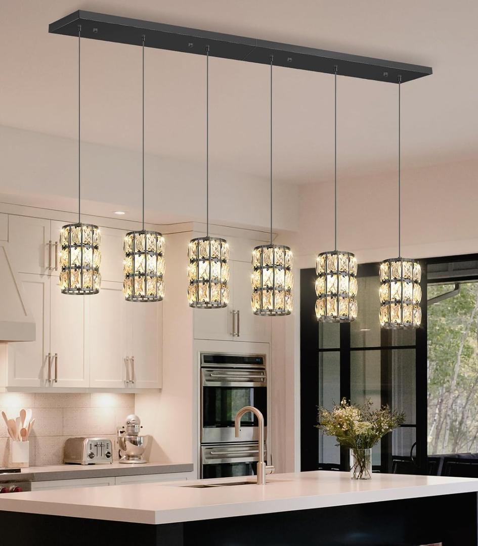 6-Lights Rectangle Modern Crystal Pendant Lights for Kitchen Island LED Dimmable Glam Pendant Lighting Chandelier for Dining Room Hallway Corner Lamp Black