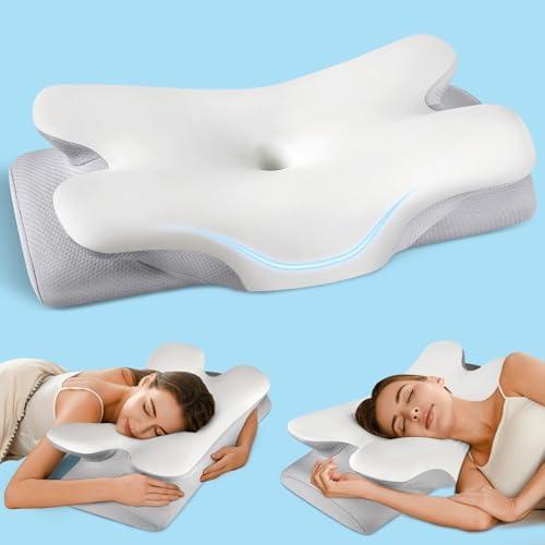 Cervical Neck Pillow for Pain Relief Sleeping, Cooling Ergonomic Contour Side Sleeper Pillow for Neck Support, Odorless Soft Memory Foam Orthopedic Bed Rest Pillow for Back Stomach Sleeper, Grey 2 Pcs