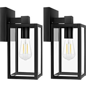 Brightever 2-Pack Outdoor Wall Lantern, Exterior Waterproof Wall Sconce Light Fixtures, Black Outside Wall Lights with Clear Glass for House, Porch, Front Door, Garage, Patio, Bulbs Not Included (9.1 Inch)