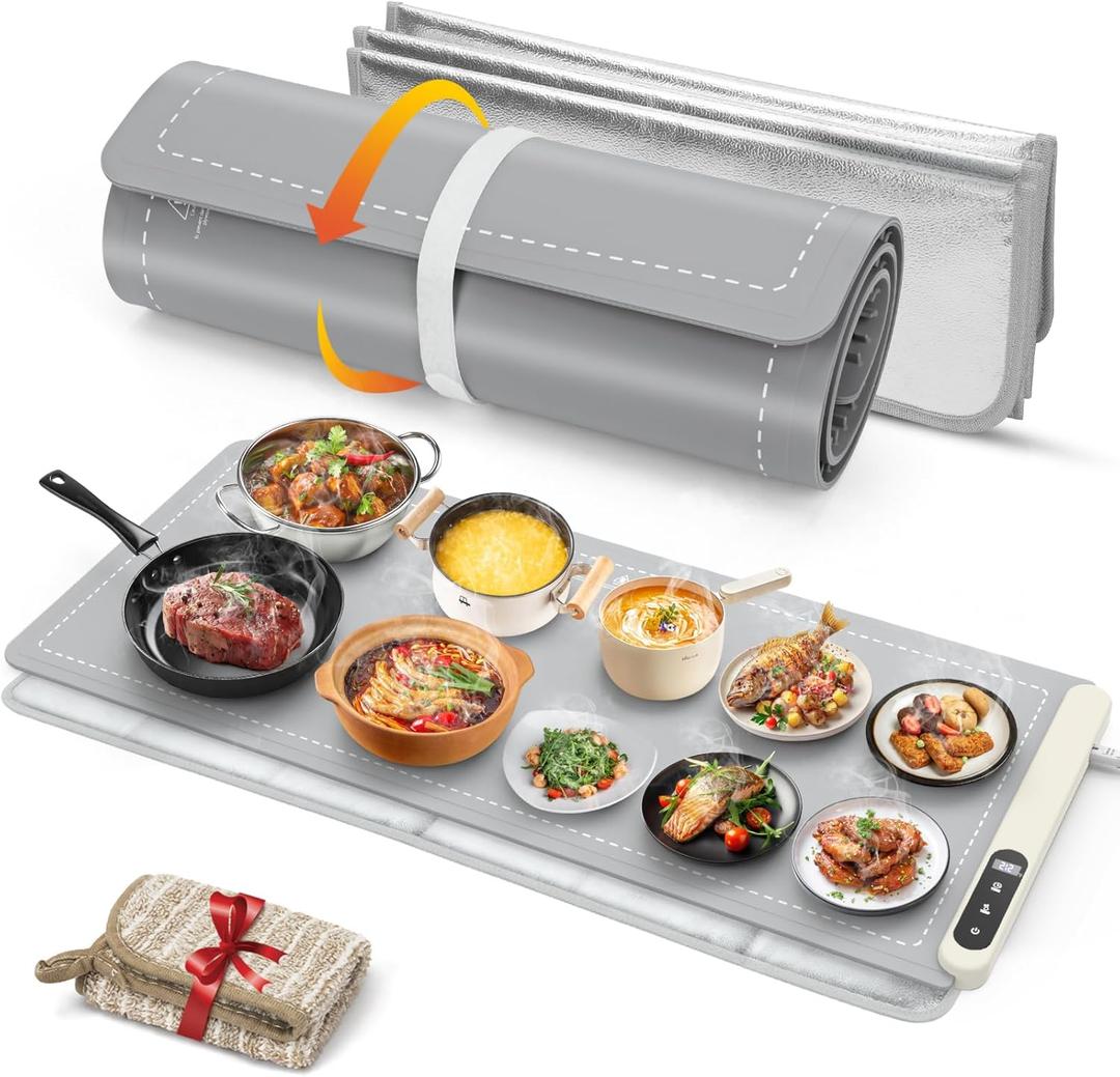 FYY Extra Large Warming Mat for Food with Heat Resistant Pad, Prevent Countertop Cracks, Keep Meal Warm, Rapid and Full Surface Heating, 6 Temp Settings, 6H Timer, Rollable Portable Food Warmer, Grey (Gray)