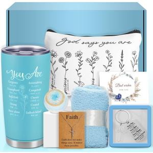8Pcs Blue Christian Gifts for Women Faith Spiritual Inspirational Religious Catholic Gifts for Women Mom Wife Friends Sister Birthday Holiday Christmas Gift Includes Tumbler Socks Make Up Bag Set