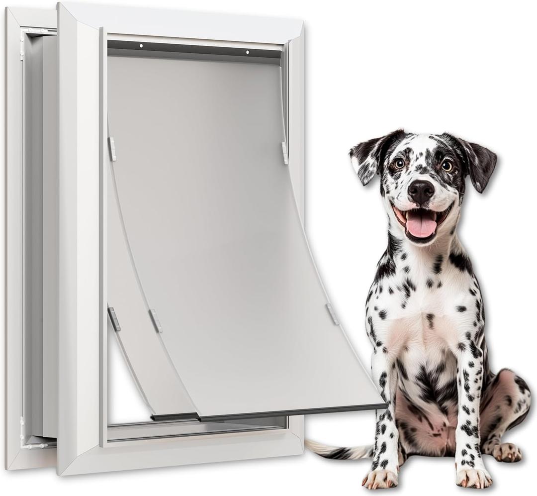 Large Dog Door for Exterior Doors, Cutout Size 12.2''W x 18''H, Heavy Duty Double Flap for Extreme Weather, Energy-Efficient, Easy to Assemble, Lockable Panel Included, Sliver (L)