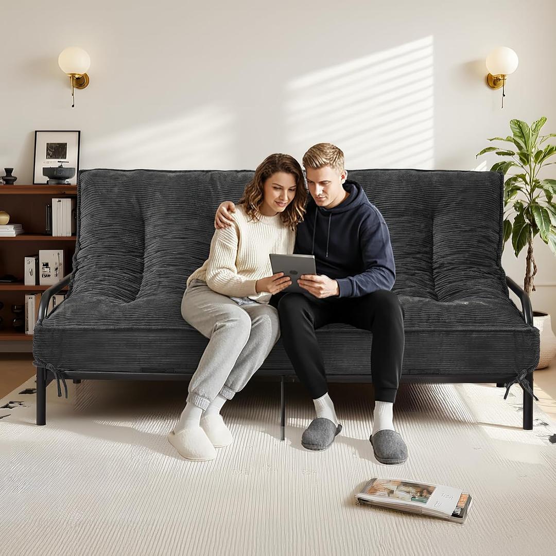 8 Inch Futon Mattress Queen Size, Futon Floor Sofa Bed Foldable with Soft Corduroy Fabric - High Resilience Foam Filling - 2 Storage Straps for Home, Guest Room, Dorm, Grey(Frame Not Included)