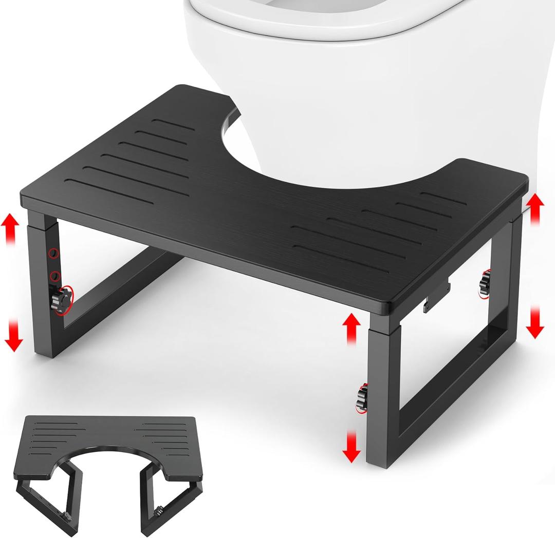 Bamboo Toilet Stool Squat Black, 7 in, 8 in & 9 in Adjustable Heights Pooping Stool for Bathroom Adults, Sturdy Potty Stool with Non-Slip Layer, Improve Squatting Posture, 500 lbs Capacity