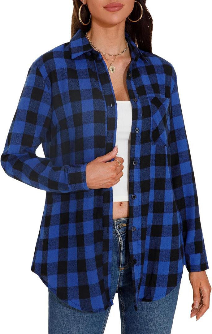 GUANYY Womens Plaid Shirts Button Down Flannel Shirts Long Sleeve Lightweight Shackets Business Casual Blouse (Blue, M)