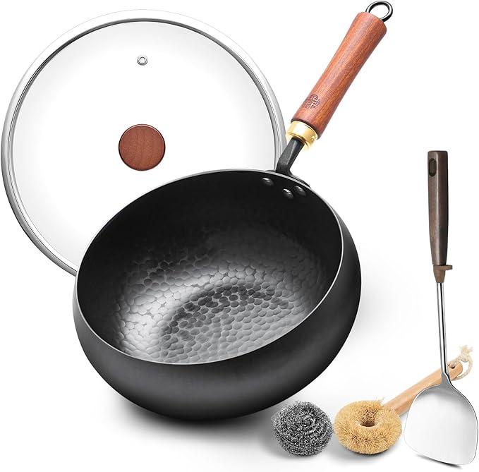 WANGYUANJI 9.5" Carbon Steel Wok - [Heavy-Duty & Thickened Base] - Deep Bowl Stir Fry Pan for Induction, Electric & Gas - Warp-Resistant, Splatter-Free Design with Lid (1-2 Person)