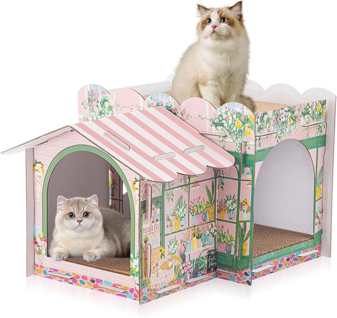 Lineshading 2 Story Cardboard Cat House with Scratcher Pad, Multi Level Durable Cat Scratcher House for Small Kitten Bunny Rabbit Animals Christmas Birthday Gift(17x12x10,Florist)