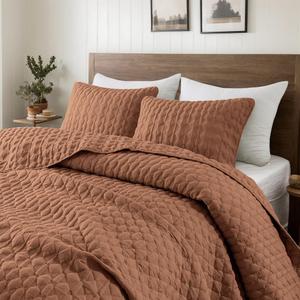 WDCOZY Burnt Orange Quilts Queen Size Bedding Sets with 2 Pillow Shams, Red Lightweight Soft Bedspread Coverlet, Quilted Blanket Thin Comforter Bed Cover for All Season, 3 Pieces, 90x90 inches