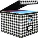 Huolewa Collapsible File Storage Organizer Box with Lid, Lattice Linen Office Document Storage, Universal Hanging Filing Organization Box for Letter/Legal Folder, Decorative Home File Bin (Black & White Lattice)