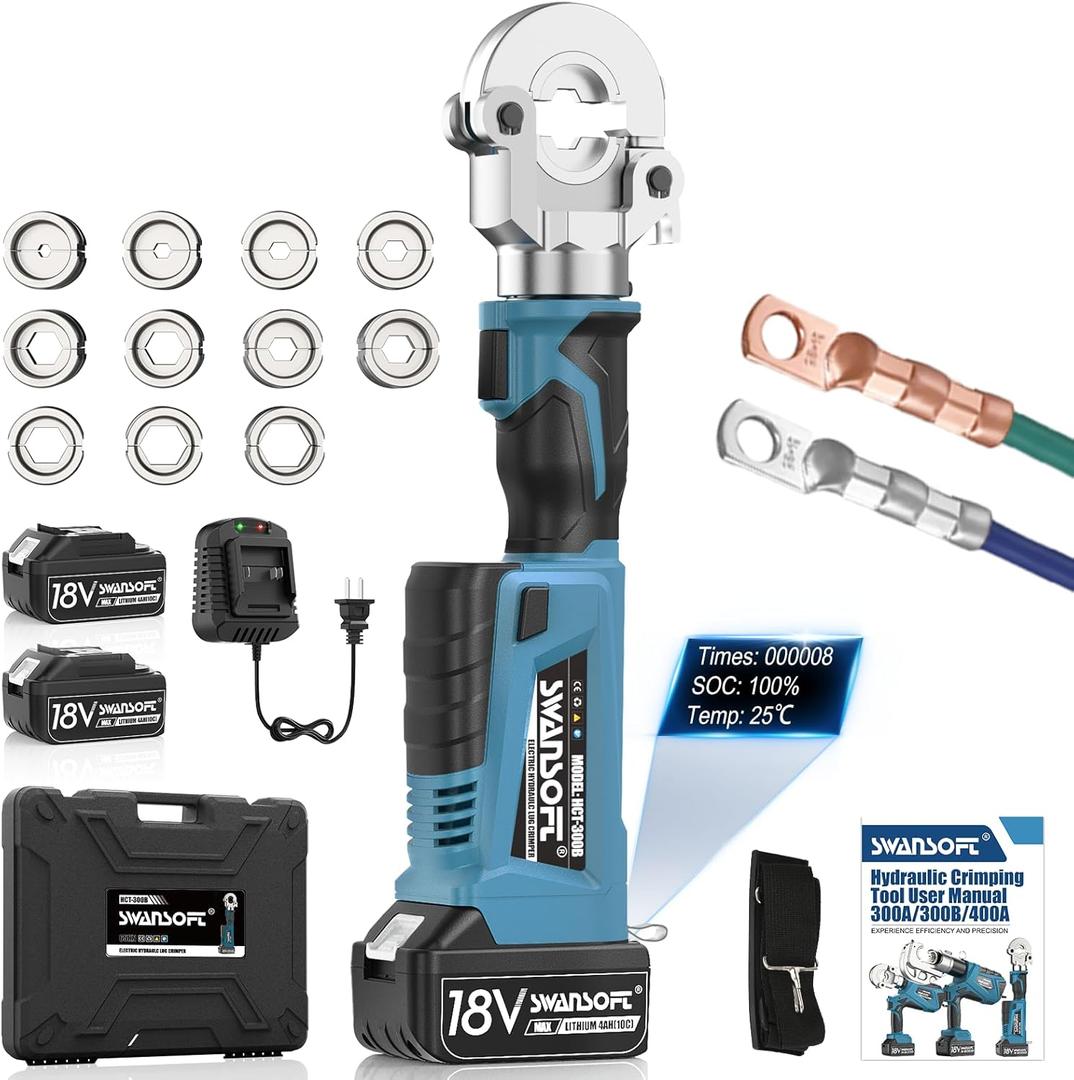 SWANSOFT Electric Hydraulic Crimping Tool, 6Ton 6AWG-600MCM Continuously Crimp Hydraulic Wire crimper for Cu/Al Terminal, Crimp 30000 Times Wire Cable Lug Crimping Tool Kit with 11 Dies (300B)