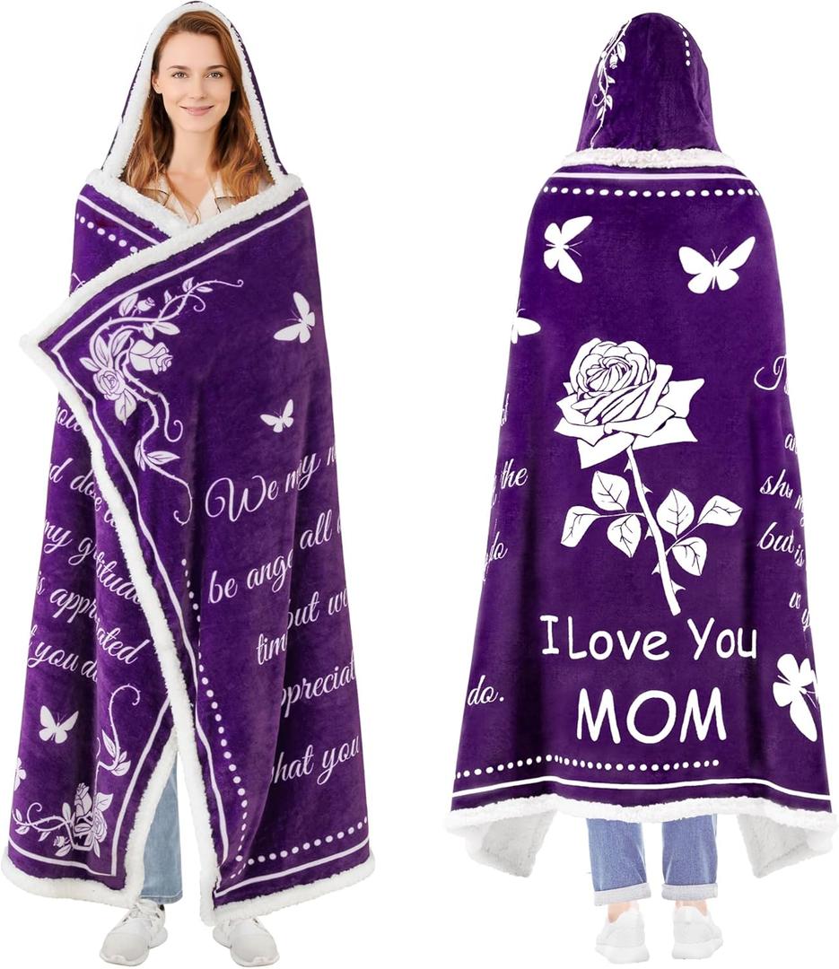 Mothers Day Gifts for Mom, Wearable Hoodie Blanket for Birthday Gift, Mom blanket Gifts from Daughter, Son, Husband, Sherpa Fleece Mother Blankets, Soft, Wife, Mama, purple (50*70)