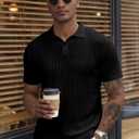 JMIERR Mens Casual Polo Shirt Summer Short Sleeve Vacation Button Beach Knit Stretchy Golf Shirts (Black, XL)