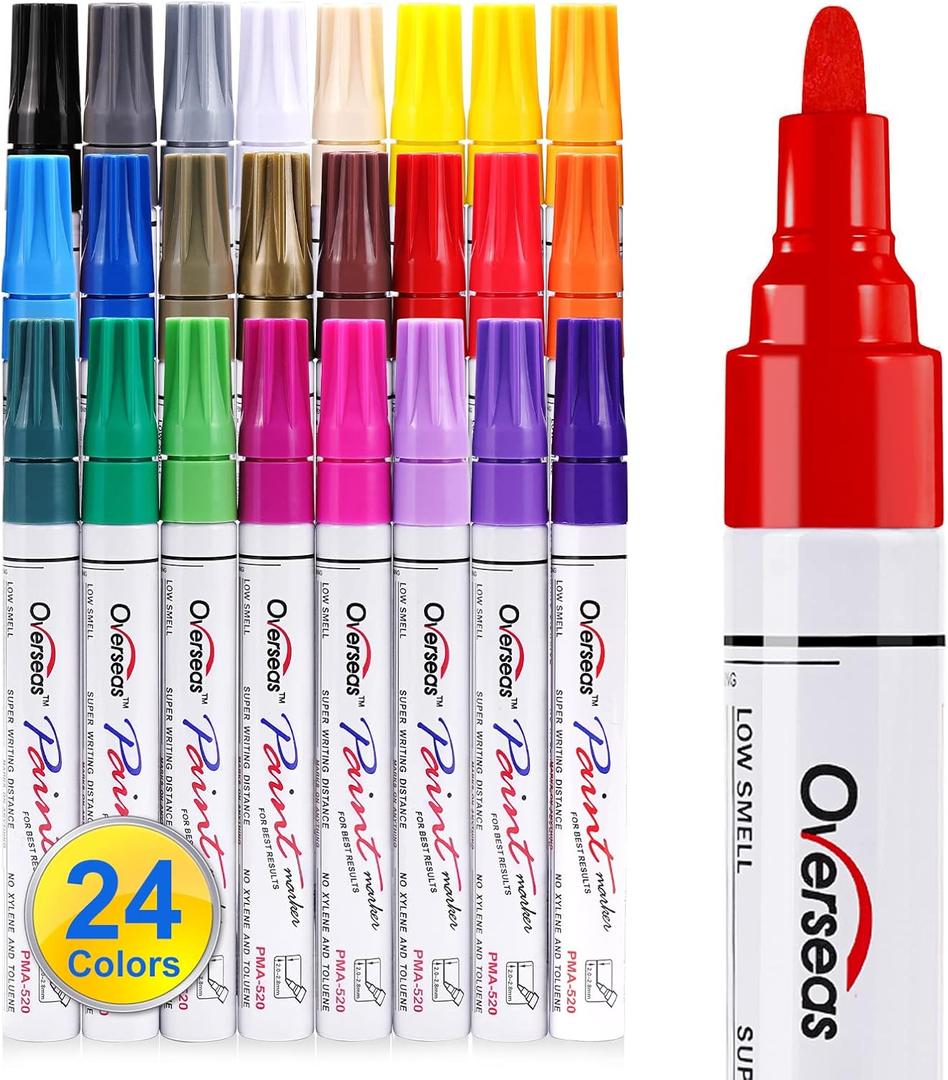 Overseas Paint Marker Pens - 24 Colors Permanent Oil Based Markers, Medium Tip, Quick Dry and Waterproof Assorted Color Paint Pen for Metal, Wood, Plastic, Stone, Mugs, Canvas, Glass, Art Craft (1 Count (Pack of 24))