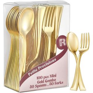 100 Combo Pack 50 Gold Mini Forks And 50 Gold Mini Spoons 4 Inch Dessert Forks And Spoons - Heavy duty Mini Cutlery, Tastings, Cocktails, Dessert Cups.