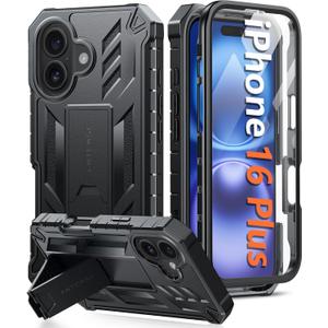 FNTCASE for iPhone 16 Plus Case: Military Grade Drop Proof Protection Mobile Cover with Kickstand | Matte Textured Rugged Shockproof TPU | Protective Sturdy Phone Case - 6.7 inch Black