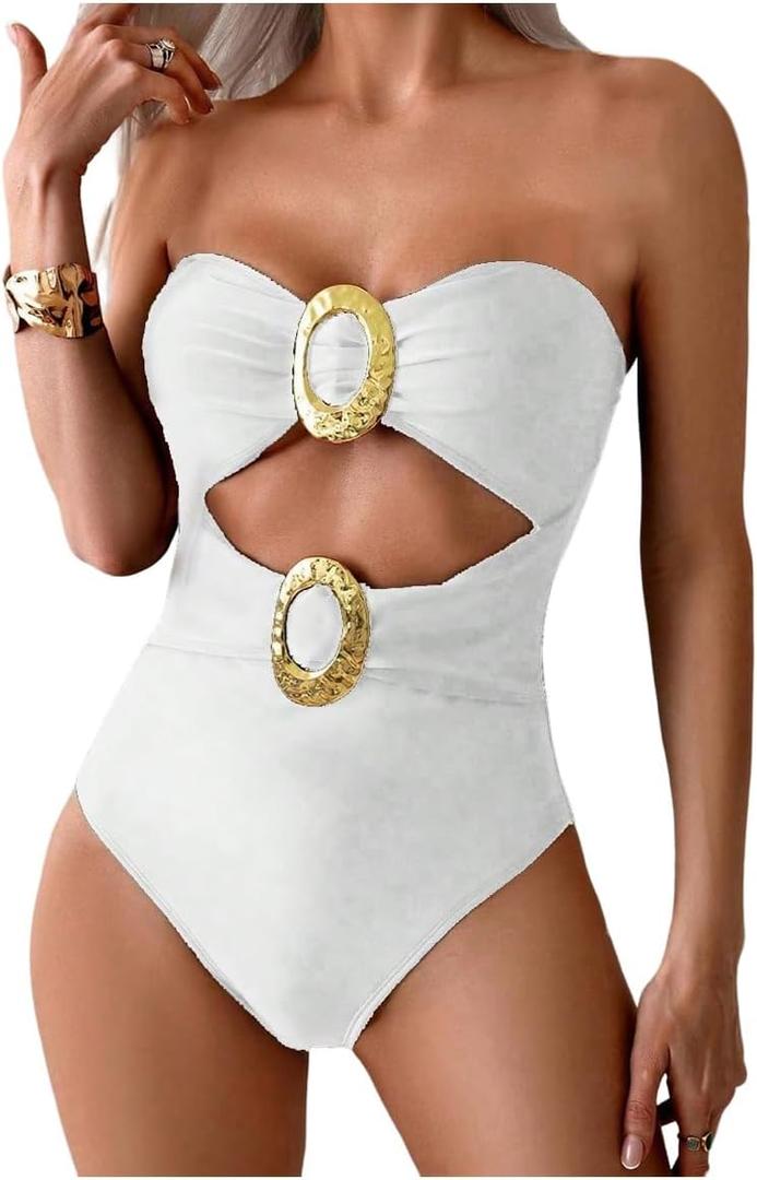 GORGLITTER Women's Strapless Metal One Pieces Swimsuits Modest Tummy Control Bathing Suit Cut Out Bandeau Monokini (White) XL