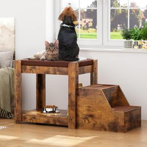 Dog Window Perch with Stairs, Large Dog Window Seat for Home with Non-Slip Removable Soft Pads, Indoor Dog Perch to Look Out Window, Pet Window Perch for Dogs with Steps, Rustic Brown