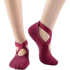 Non-Slip Yoga Socks for Women, Cotton Blend Ballet Style Grip Socks, Cushioned Padding for Pilates and Dance (Medium, 2 Pairs Black/ 2 Pairs Red)