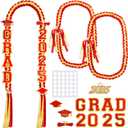 Yinkin Graduation Ribbon Leis Set Class of 2025 Handmade Double Braided Necklace Adjustable Includes Silk Leis Grad Cutouts 2025 Pendant for Graduation Party Accessories(Red, Gold)