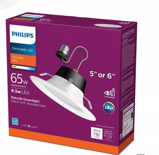 Philips 65W 5/6" Retrofit Downlight Soft White: Energy Star Certified Recessed Can Light, 750 Lumens, E26 Base