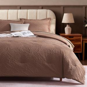 Geniospin Queen Comforter Set - 7 Pieces Brown Textured Queen Bedding Sets with Comforter, Sheets, Pillowcases & Shams, All Season Brown Bedding