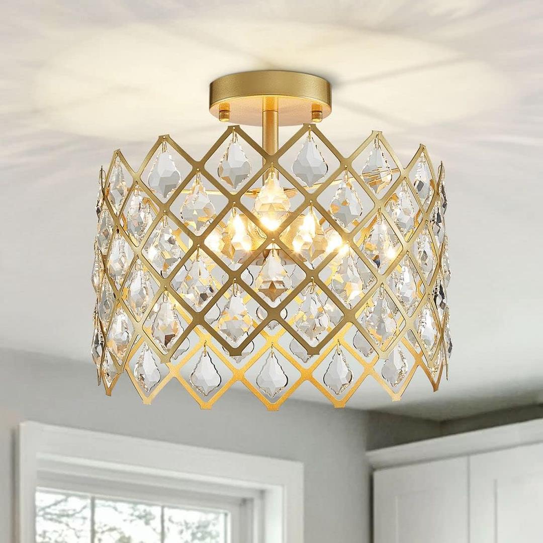 WUZUPS Crystal Chandelier 3-Light Semi-Flushmount Ceiling Light Modern Lighting Fixture for Bedroom Storageroom Hallway Bar Kitchen Dinning Living Room Bathroom, 13.4" Wide 11" High, Gold, E12 Base