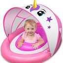 AMENON Unicorn Inflatable Baby Pool Float for Toddlers 6-36 Months with UPF50+ 4 Stage Adjustable Sun Canopy, Non-Flip Safety Seat, Dual Air Chambers, Infant Swim Training Float for Pool