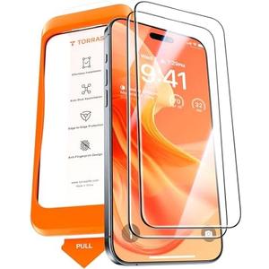 TORRAS Military-Grade Screen Protector for iPhone 15 Pro Max [9H+ Aerospace Tempered Glass＆12FT Shatterproof ] One-Step Installation Full Coverage Fit Bubble Free Top-Notch Protection, 2 Pack