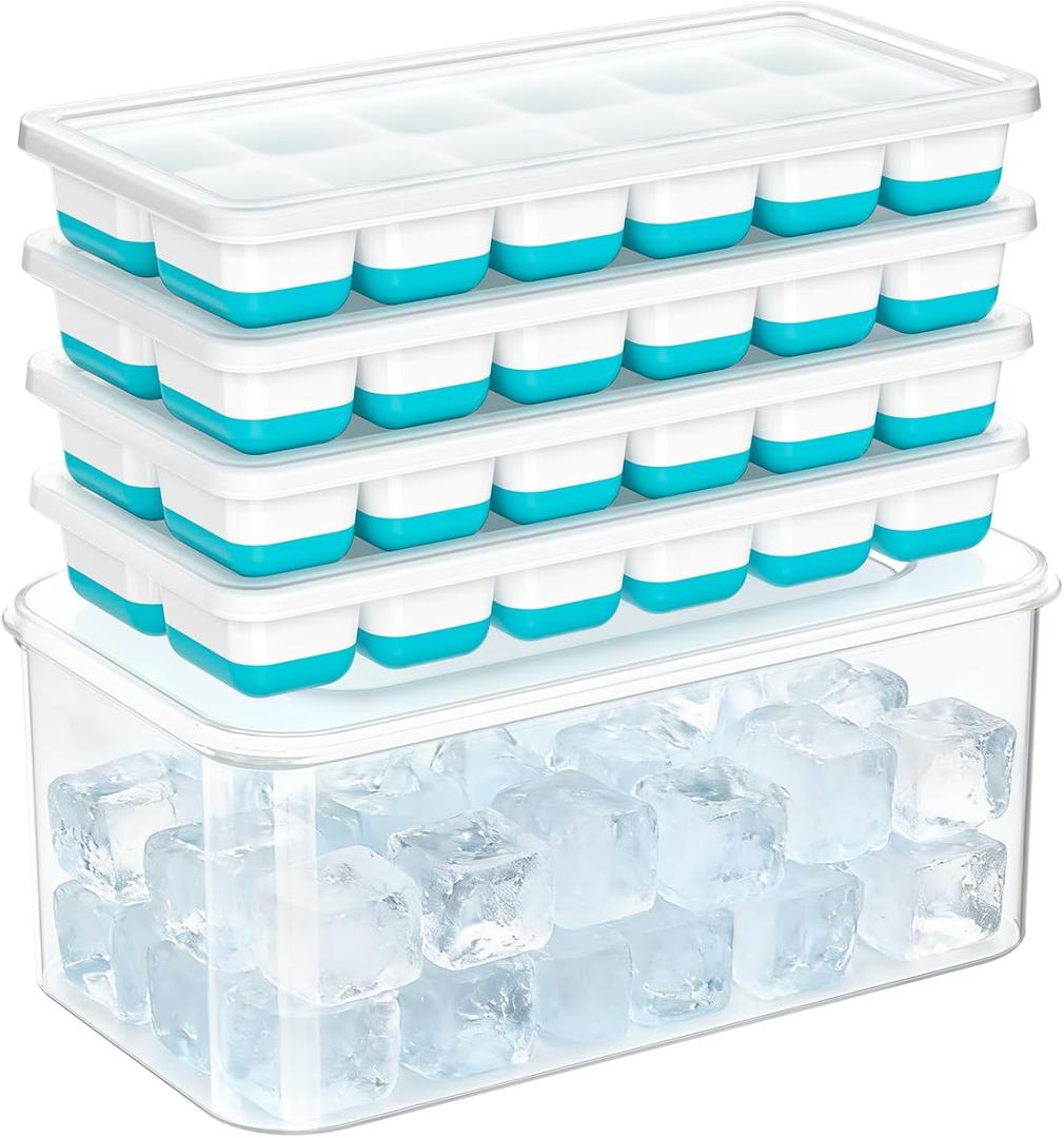 NFK Ice Cube Tray with Lid & Bin - 4 Pack 48 Cubes Stackable Silicone Trays for Freezer with Storage Container, Leak-Proof Lids, BPA-Free, Easy Release for Kitchen, RV, Party, Cocktail & Coffee