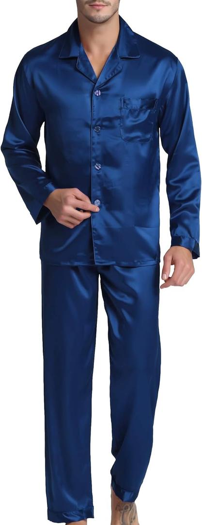 Sanraflic Men's Satin Pajamas Long Button-Down Pj Set Sleepwear Loungewear Nightwear (X-Large, Navy Blue)