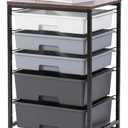 SYKIARIOL Utility Cart with 5 Drawers,Storage Drawer Cart with Wooden Tabletop and Lockable Wheels,Craft Storage Trolley Cart,5-Tier Rolling Utility Cart on Wheels,Dark Grey